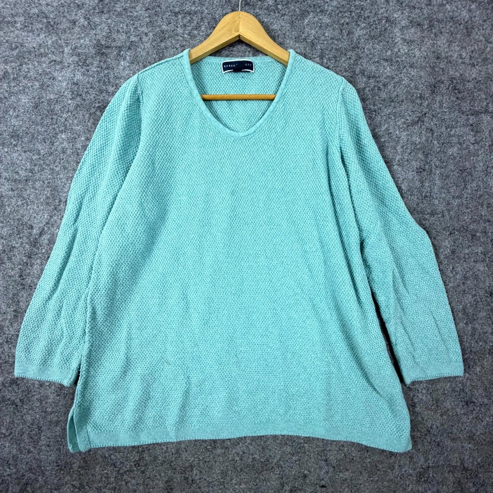 Karen Scott Sweater Women 1X Aqua Blue Textured Waffle Knit V Neck Boxy Minimal